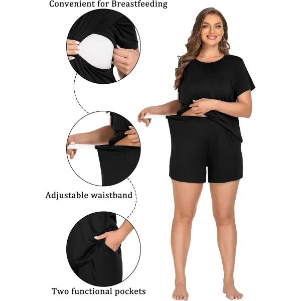 imageSWOMOG Women 3Pcs Maternity Pajama Set Nursing Pjs Pregnancy Set Breastfeeding Pjs Double Layer with PocketsBlack