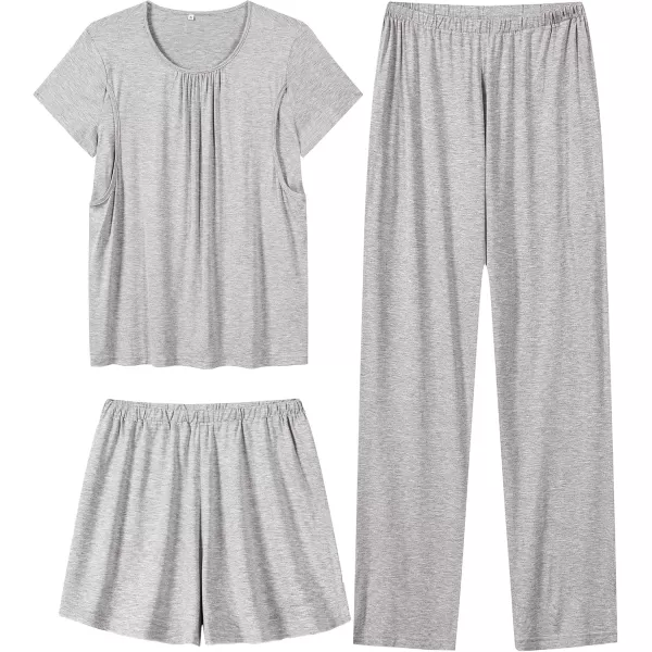 imageSWOMOG Women 3Pcs Maternity Pajama Set Nursing Pjs Pregnancy Set Breastfeeding Pjs Double Layer with PocketsGrey