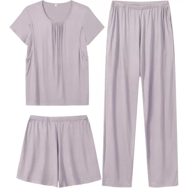 imageSWOMOG Women 3Pcs Maternity Pajama Set Nursing Pjs Pregnancy Set Breastfeeding Pjs Double Layer with PocketsLilac