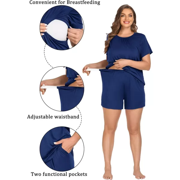 imageSWOMOG Women 3Pcs Maternity Pajama Set Nursing Pjs Pregnancy Set Breastfeeding Pjs Double Layer with PocketsNavy Blue