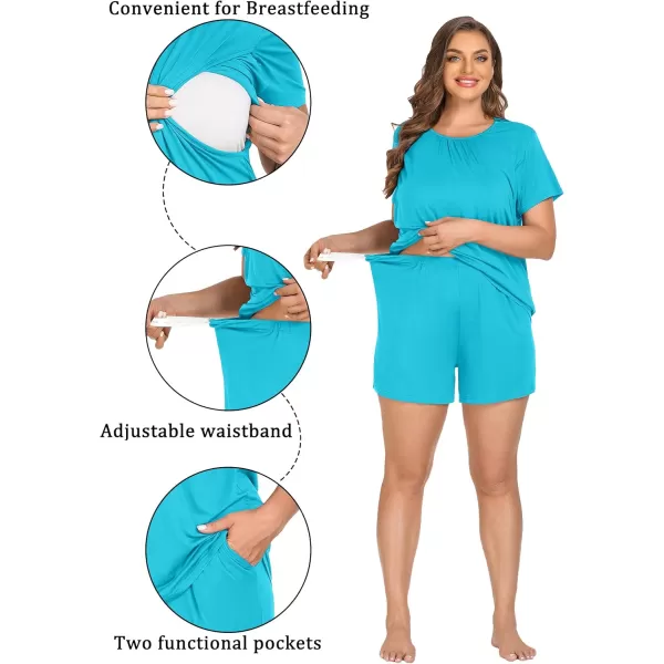 imageSWOMOG Women 3Pcs Maternity Pajama Set Nursing Pjs Pregnancy Set Breastfeeding Pjs Double Layer with PocketsPeacock Blue