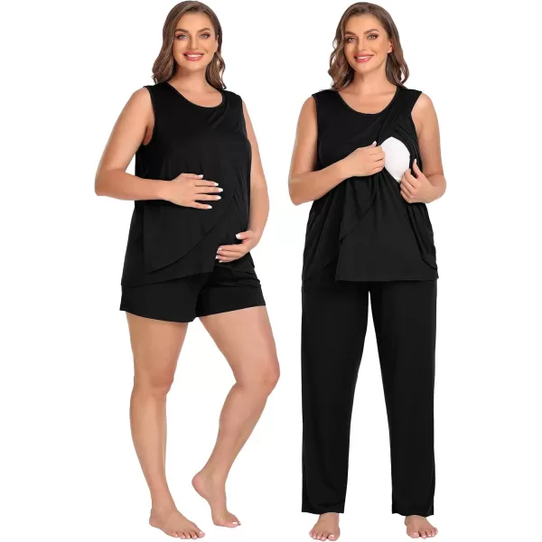 imageSWOMOG Women Maternity Pajama Set 3Pcs Nursing Pjs Sleeveless Pregnancy Set Breastfeeding Pjs Double Layer with PocketsBlack