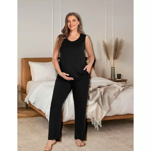 imageSWOMOG Women Maternity Pajama Set 3Pcs Nursing Pjs Sleeveless Pregnancy Set Breastfeeding Pjs Double Layer with PocketsBlack