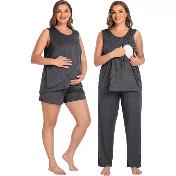 imageSWOMOG Women Maternity Pajama Set 3Pcs Nursing Pjs Sleeveless Pregnancy Set Breastfeeding Pjs Double Layer with PocketsDeep Grey