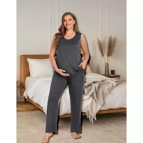 imageSWOMOG Women Maternity Pajama Set 3Pcs Nursing Pjs Sleeveless Pregnancy Set Breastfeeding Pjs Double Layer with PocketsDeep Grey