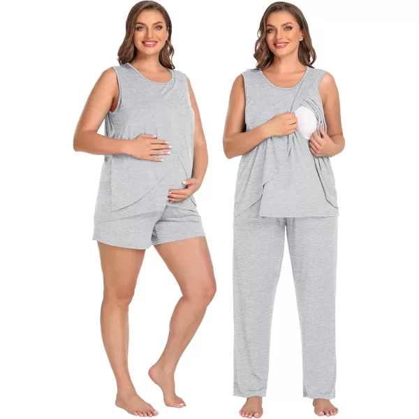 imageSWOMOG Women Maternity Pajama Set 3Pcs Nursing Pjs Sleeveless Pregnancy Set Breastfeeding Pjs Double Layer with PocketsGrey