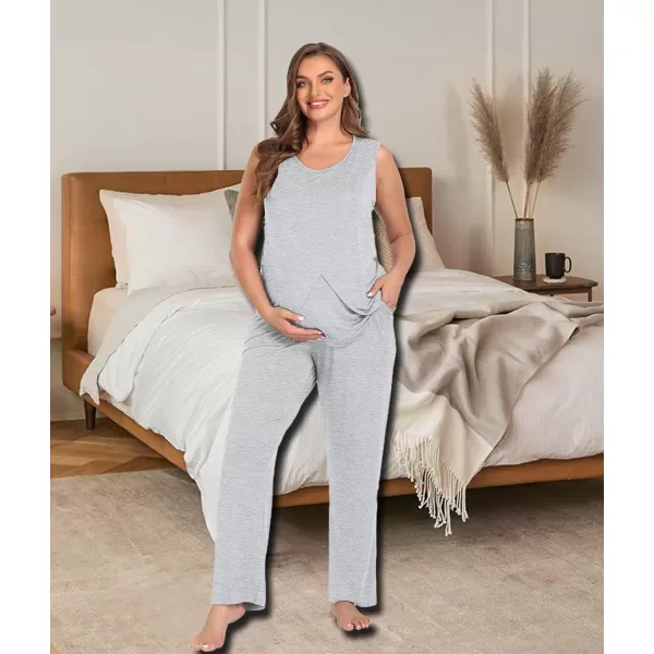 imageSWOMOG Women Maternity Pajama Set 3Pcs Nursing Pjs Sleeveless Pregnancy Set Breastfeeding Pjs Double Layer with PocketsGrey