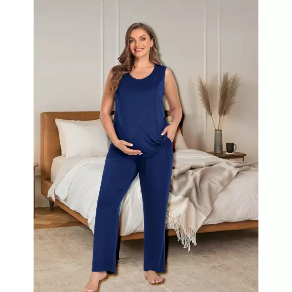 imageSWOMOG Women Maternity Pajama Set 3Pcs Nursing Pjs Sleeveless Pregnancy Set Breastfeeding Pjs Double Layer with PocketsNavy Blue