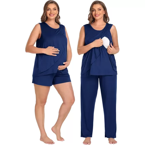 imageSWOMOG Women Maternity Pajama Set 3Pcs Nursing Pjs Sleeveless Pregnancy Set Breastfeeding Pjs Double Layer with PocketsNavy Blue