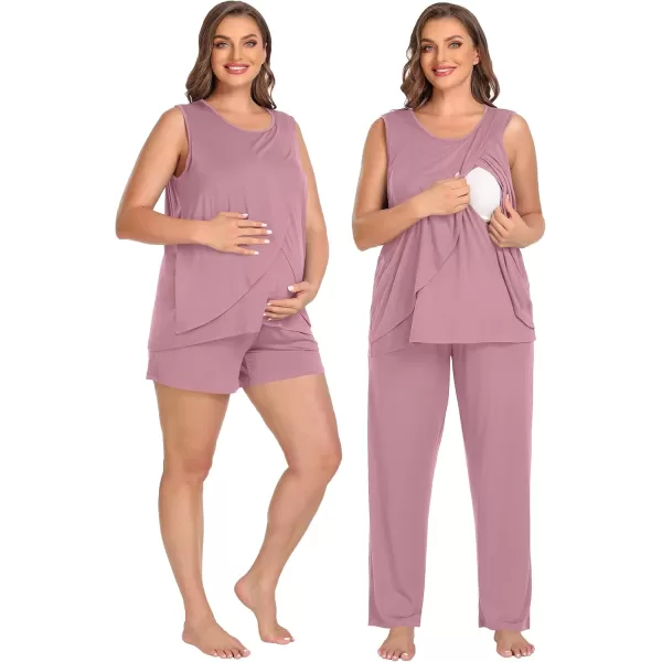 imageSWOMOG Women Maternity Pajama Set 3Pcs Nursing Pjs Sleeveless Pregnancy Set Breastfeeding Pjs Double Layer with PocketsTaro Purple