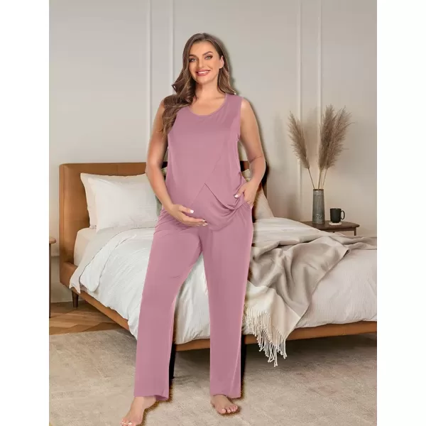 imageSWOMOG Women Maternity Pajama Set 3Pcs Nursing Pjs Sleeveless Pregnancy Set Breastfeeding Pjs Double Layer with PocketsTaro Purple