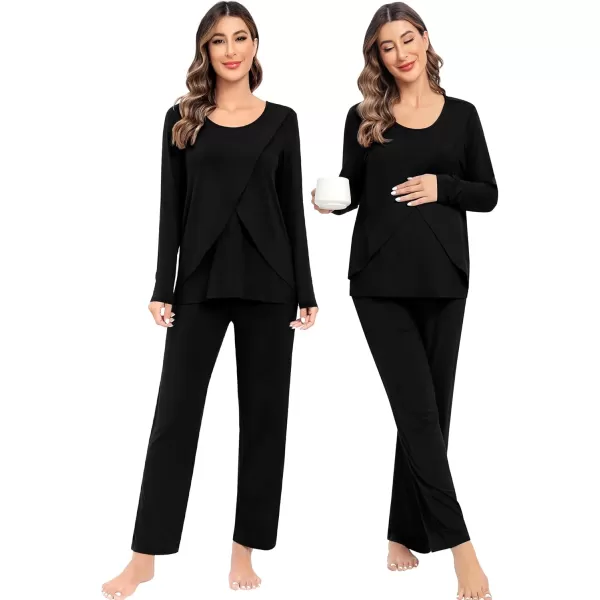 imageSWOMOG Women Maternity Pajama Set Nursing Pjs Double Layer Long Sleeve Top ampamp Pants Breastfeeding Pregnancy Set with PocketsBlack