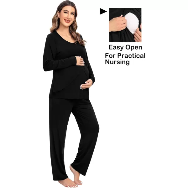 imageSWOMOG Women Maternity Pajama Set Nursing Pjs Double Layer Long Sleeve Top ampamp Pants Breastfeeding Pregnancy Set with PocketsBlack