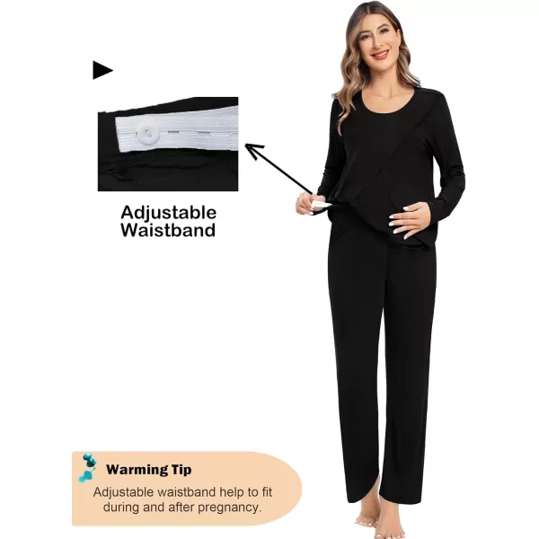 imageSWOMOG Women Maternity Pajama Set Nursing Pjs Double Layer Long Sleeve Top ampamp Pants Breastfeeding Pregnancy Set with PocketsBlack
