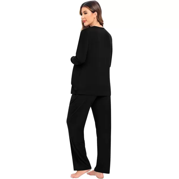 imageSWOMOG Women Maternity Pajama Set Nursing Pjs Double Layer Long Sleeve Top ampamp Pants Breastfeeding Pregnancy Set with PocketsBlack