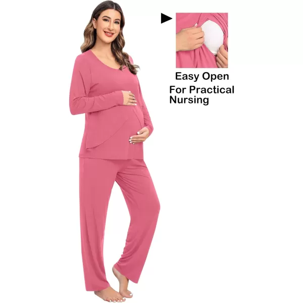 imageSWOMOG Women Maternity Pajama Set Nursing Pjs Double Layer Long Sleeve Top ampamp Pants Breastfeeding Pregnancy Set with PocketsCoral