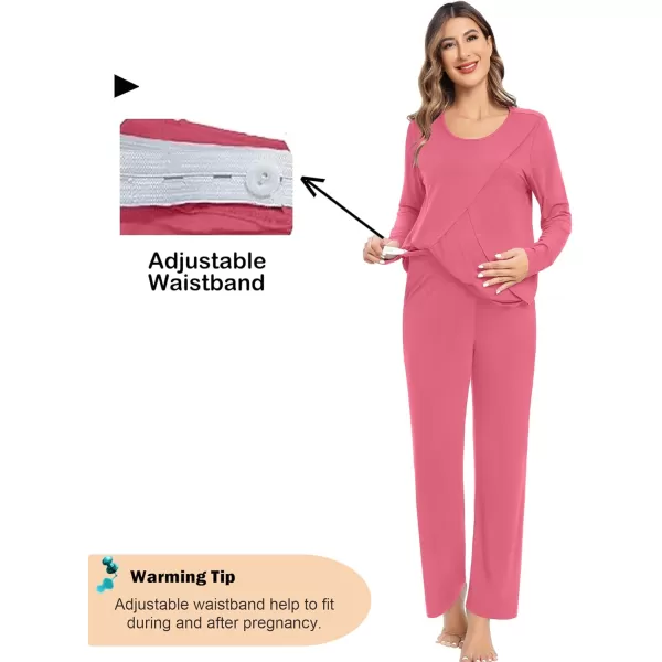 imageSWOMOG Women Maternity Pajama Set Nursing Pjs Double Layer Long Sleeve Top ampamp Pants Breastfeeding Pregnancy Set with PocketsCoral