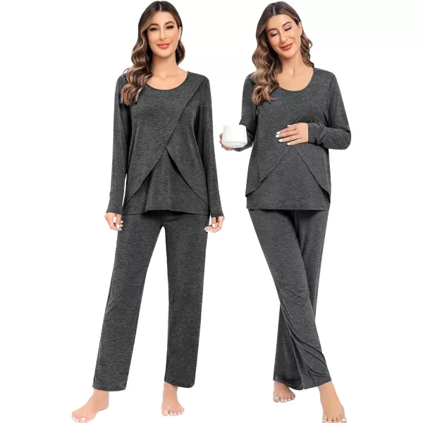 imageSWOMOG Women Maternity Pajama Set Nursing Pjs Double Layer Long Sleeve Top ampamp Pants Breastfeeding Pregnancy Set with PocketsDeep Grey