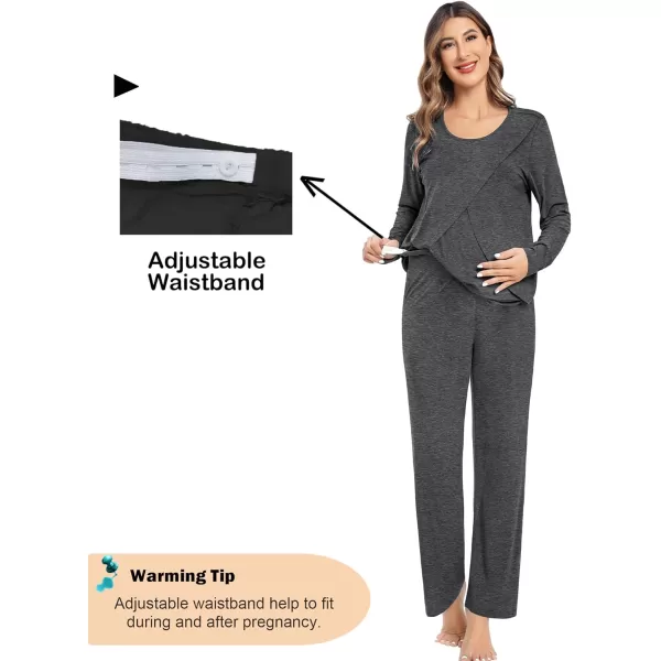 imageSWOMOG Women Maternity Pajama Set Nursing Pjs Double Layer Long Sleeve Top ampamp Pants Breastfeeding Pregnancy Set with PocketsDeep Grey