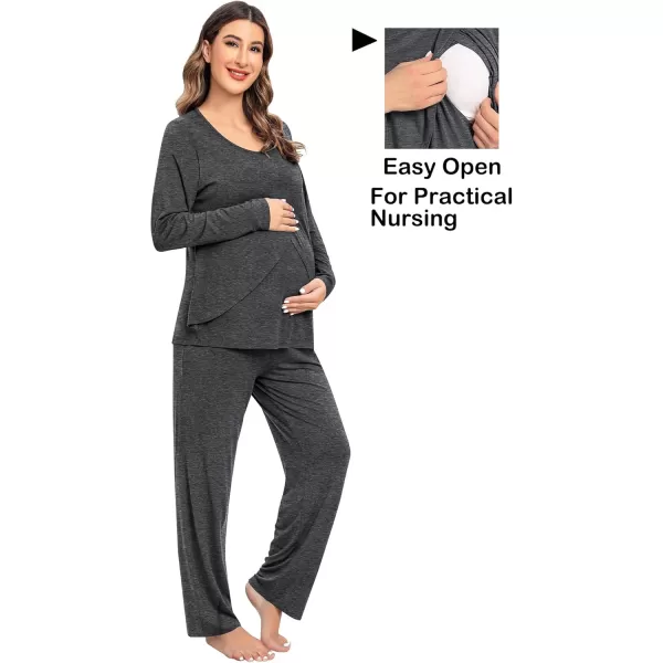 imageSWOMOG Women Maternity Pajama Set Nursing Pjs Double Layer Long Sleeve Top ampamp Pants Breastfeeding Pregnancy Set with PocketsDeep Grey