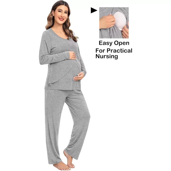 imageSWOMOG Women Maternity Pajama Set Nursing Pjs Double Layer Long Sleeve Top ampamp Pants Breastfeeding Pregnancy Set with PocketsGrey