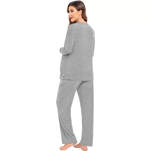imageSWOMOG Women Maternity Pajama Set Nursing Pjs Double Layer Long Sleeve Top ampamp Pants Breastfeeding Pregnancy Set with PocketsGrey