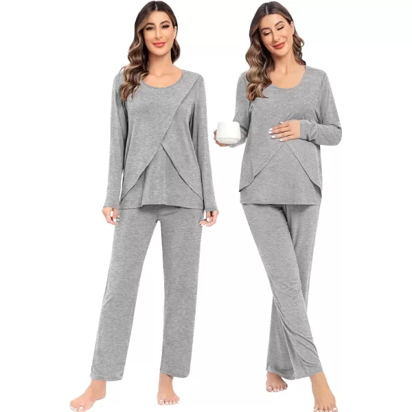 imageSWOMOG Women Maternity Pajama Set Nursing Pjs Double Layer Long Sleeve Top ampamp Pants Breastfeeding Pregnancy Set with PocketsGrey