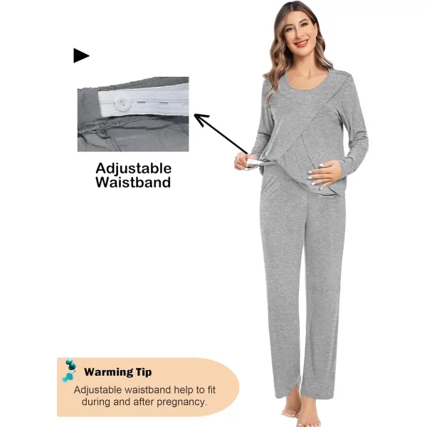 imageSWOMOG Women Maternity Pajama Set Nursing Pjs Double Layer Long Sleeve Top ampamp Pants Breastfeeding Pregnancy Set with PocketsGrey
