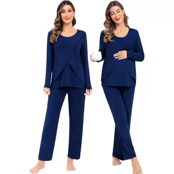 imageSWOMOG Women Maternity Pajama Set Nursing Pjs Double Layer Long Sleeve Top ampamp Pants Breastfeeding Pregnancy Set with PocketsNavy Blue