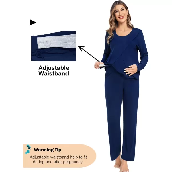 imageSWOMOG Women Maternity Pajama Set Nursing Pjs Double Layer Long Sleeve Top ampamp Pants Breastfeeding Pregnancy Set with PocketsNavy Blue