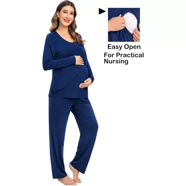 imageSWOMOG Women Maternity Pajama Set Nursing Pjs Double Layer Long Sleeve Top ampamp Pants Breastfeeding Pregnancy Set with PocketsNavy Blue