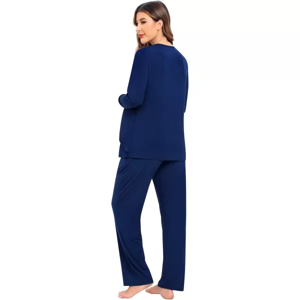 imageSWOMOG Women Maternity Pajama Set Nursing Pjs Double Layer Long Sleeve Top ampamp Pants Breastfeeding Pregnancy Set with PocketsNavy Blue