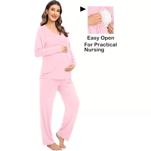 imageSWOMOG Women Maternity Pajama Set Nursing Pjs Double Layer Long Sleeve Top ampamp Pants Breastfeeding Pregnancy Set with PocketsPink