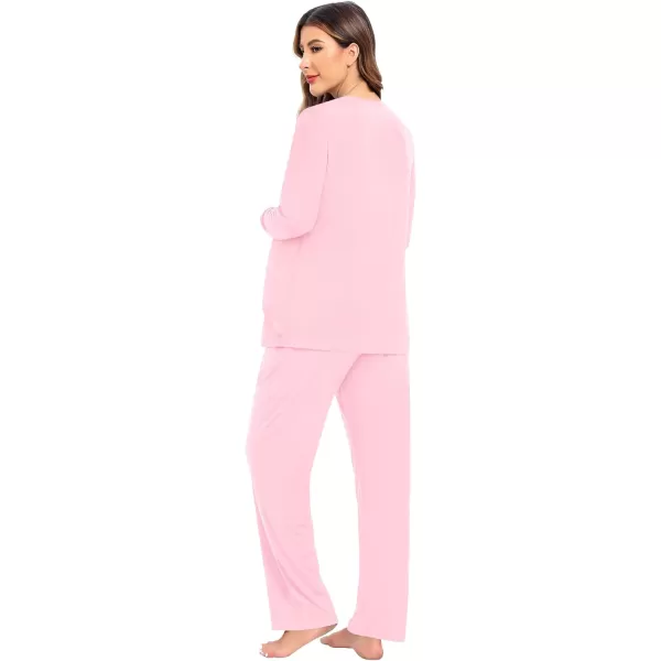 imageSWOMOG Women Maternity Pajama Set Nursing Pjs Double Layer Long Sleeve Top ampamp Pants Breastfeeding Pregnancy Set with PocketsPink