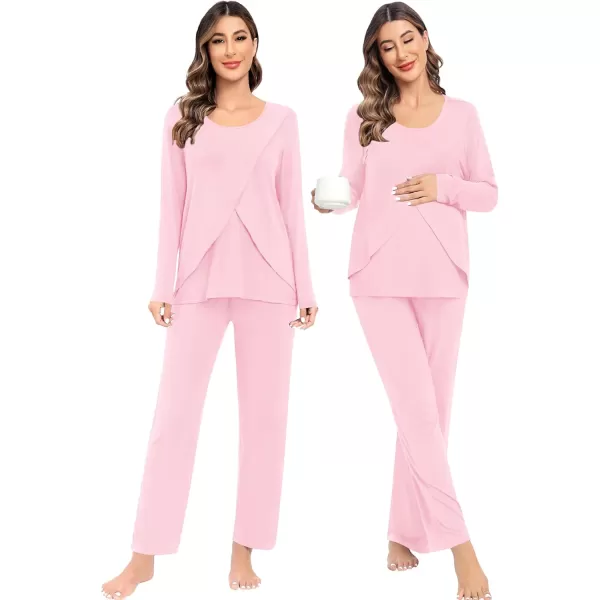 imageSWOMOG Women Maternity Pajama Set Nursing Pjs Double Layer Long Sleeve Top ampamp Pants Breastfeeding Pregnancy Set with PocketsPink