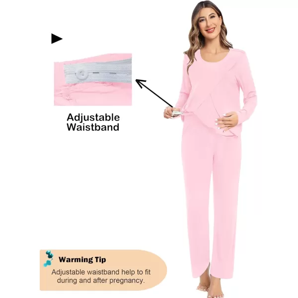 imageSWOMOG Women Maternity Pajama Set Nursing Pjs Double Layer Long Sleeve Top ampamp Pants Breastfeeding Pregnancy Set with PocketsPink