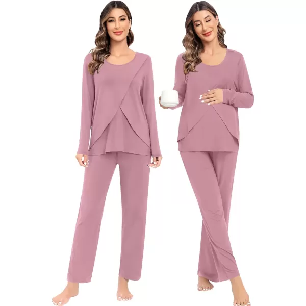 imageSWOMOG Women Maternity Pajama Set Nursing Pjs Double Layer Long Sleeve Top ampamp Pants Breastfeeding Pregnancy Set with PocketsTaro Purple