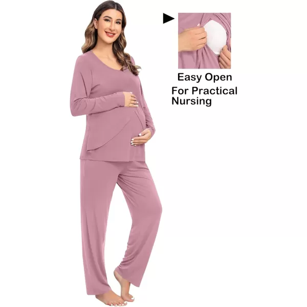 imageSWOMOG Women Maternity Pajama Set Nursing Pjs Double Layer Long Sleeve Top ampamp Pants Breastfeeding Pregnancy Set with PocketsTaro Purple