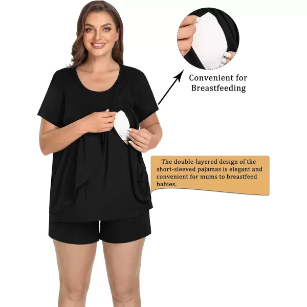 imageSWOMOG Women Maternity Pajamas Sets 3 Pcs Adjustable Breastfeeding Nightwear Double Layer Short Sleeve Pregnancy Pjs SetBlack