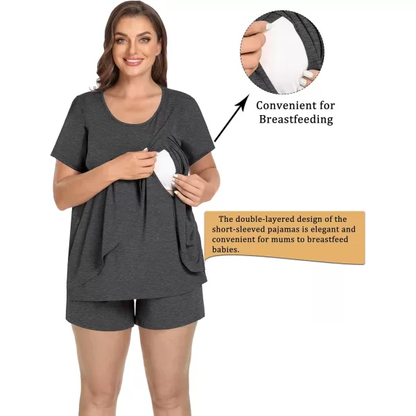 imageSWOMOG Women Maternity Pajamas Sets 3 Pcs Adjustable Breastfeeding Nightwear Double Layer Short Sleeve Pregnancy Pjs SetDeep Gray