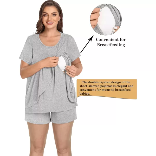 imageSWOMOG Women Maternity Pajamas Sets 3 Pcs Adjustable Breastfeeding Nightwear Double Layer Short Sleeve Pregnancy Pjs SetGray