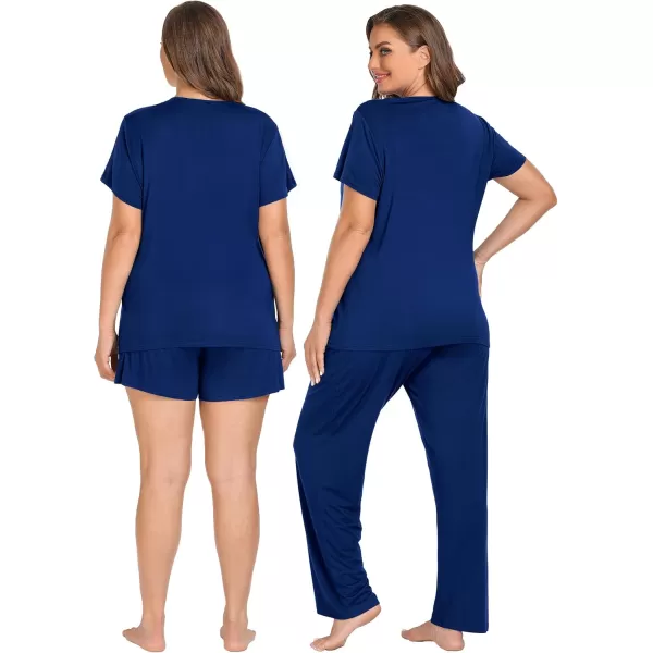 imageSWOMOG Women Maternity Pajamas Sets 3 Pcs Adjustable Breastfeeding Nightwear Double Layer Short Sleeve Pregnancy Pjs SetNavy Blue