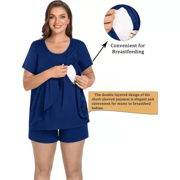 imageSWOMOG Women Maternity Pajamas Sets 3 Pcs Adjustable Breastfeeding Nightwear Double Layer Short Sleeve Pregnancy Pjs SetNavy Blue