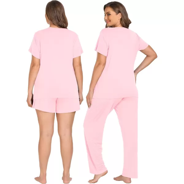 imageSWOMOG Women Maternity Pajamas Sets 3 Pcs Adjustable Breastfeeding Nightwear Double Layer Short Sleeve Pregnancy Pjs SetPink