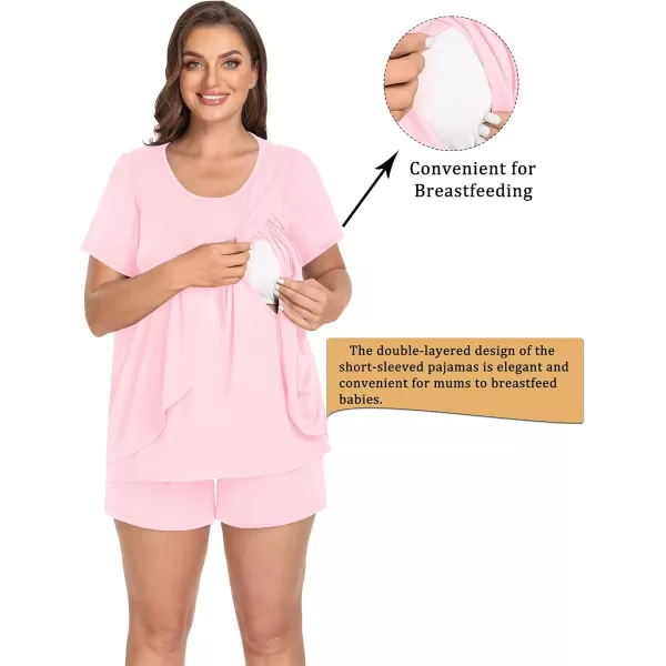 imageSWOMOG Women Maternity Pajamas Sets 3 Pcs Adjustable Breastfeeding Nightwear Double Layer Short Sleeve Pregnancy Pjs SetPink