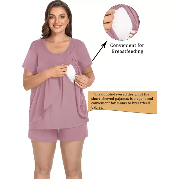 imageSWOMOG Women Maternity Pajamas Sets 3 Pcs Adjustable Breastfeeding Nightwear Double Layer Short Sleeve Pregnancy Pjs SetTaro Purple