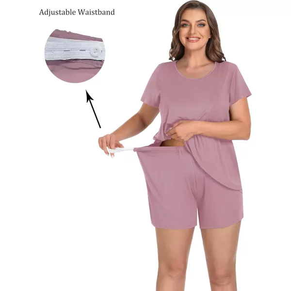 imageSWOMOG Women Maternity Pajamas Sets 3 Pcs Adjustable Breastfeeding Nightwear Double Layer Short Sleeve Pregnancy Pjs SetTaro Purple