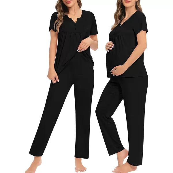 imageSWOMOG Womens Maternity Nursing Pajama Set 3 Pieces Breastfeeding Sleepwear Set Short Sleeve Pregnancy Pj Set ampamp PantsBlack