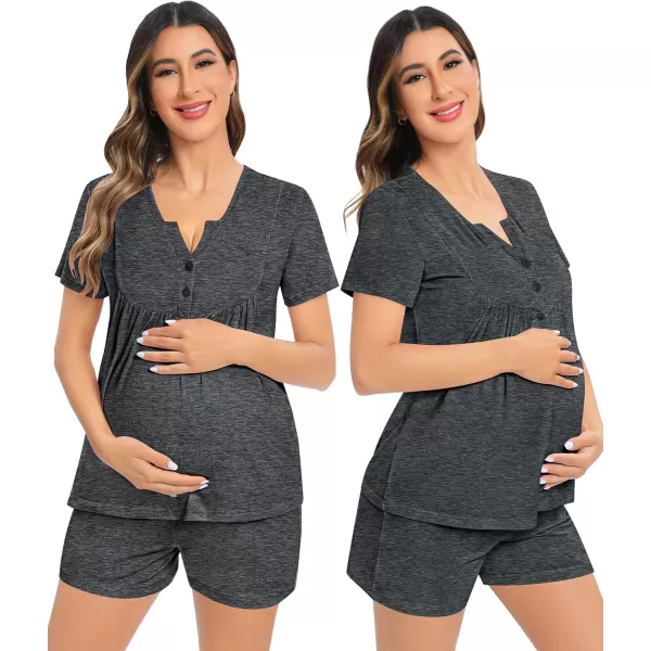 imageSWOMOG Womens Maternity Nursing Pajama Set 3 Pieces Breastfeeding Sleepwear Set Short Sleeve Pregnancy Pj Set ampamp PantsDeep Grey