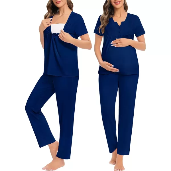 imageSWOMOG Womens Maternity Nursing Pajama Set 3 Pieces Breastfeeding Sleepwear Set Short Sleeve Pregnancy Pj Set ampamp PantsNavy Blue